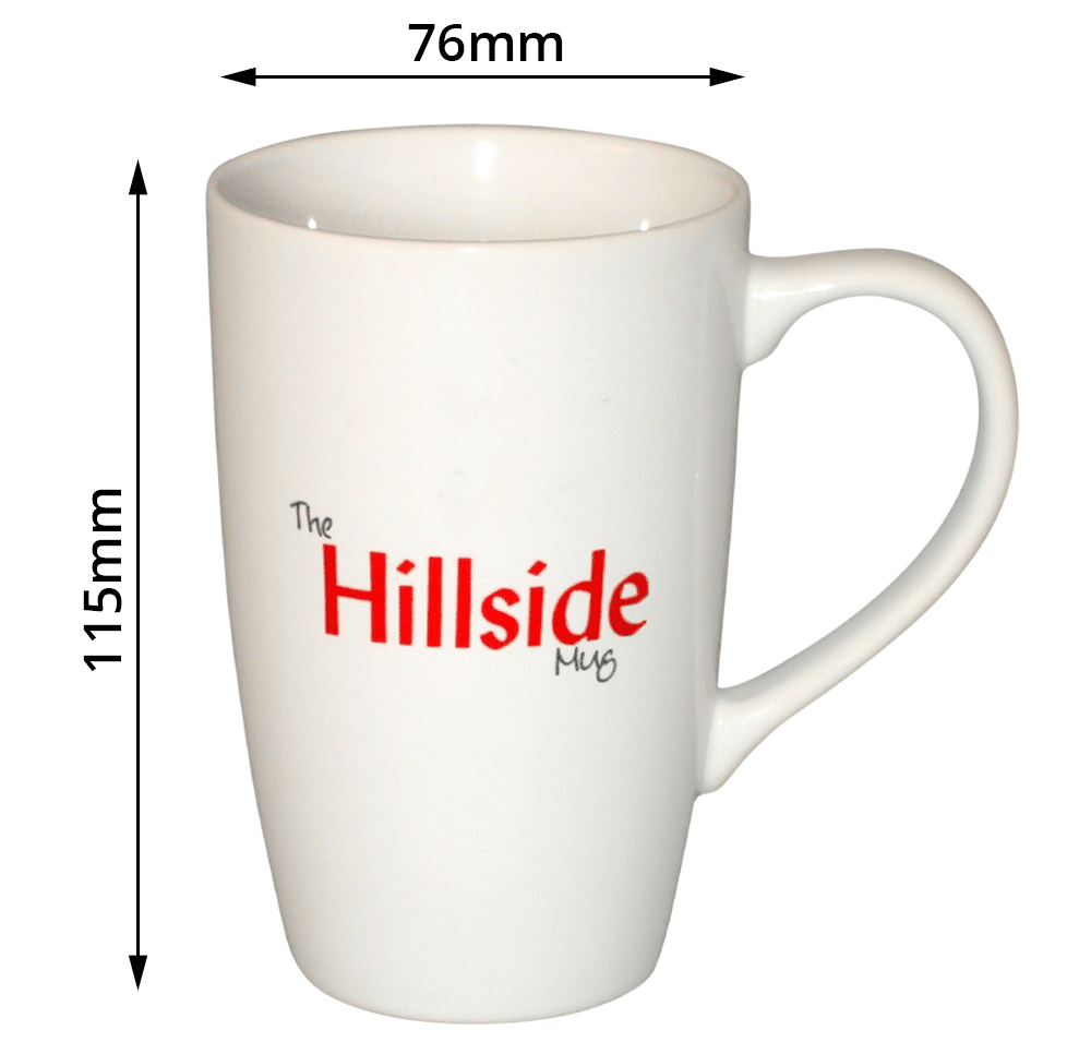 Hillside promotional mug with dimensions from Prince William Pottery