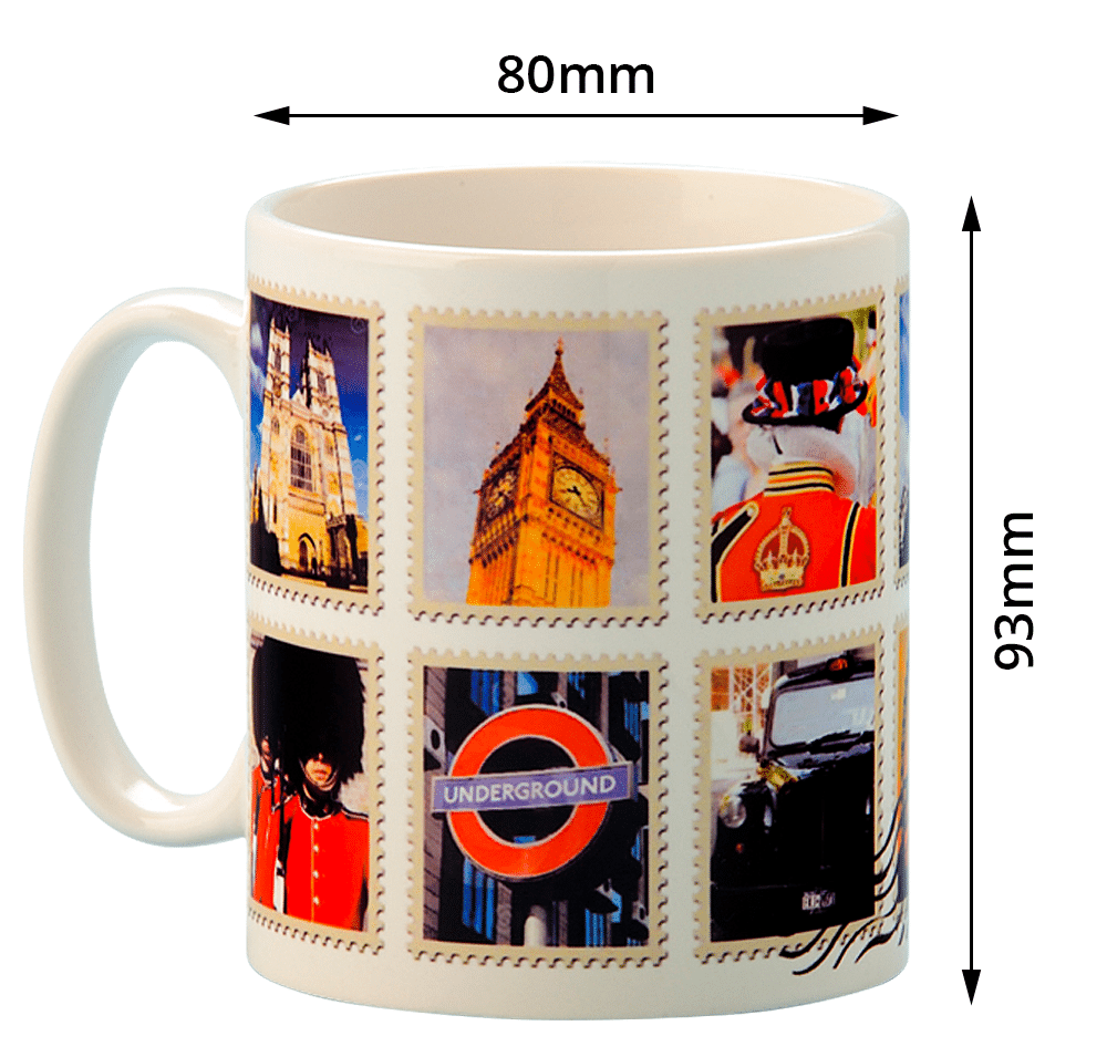 Cambridge dye sublimation promotional mug with dimensions from Prince William Pottery
