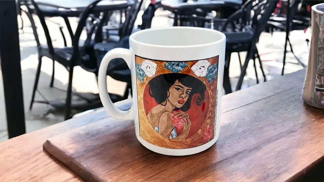branded full colour mug on table top